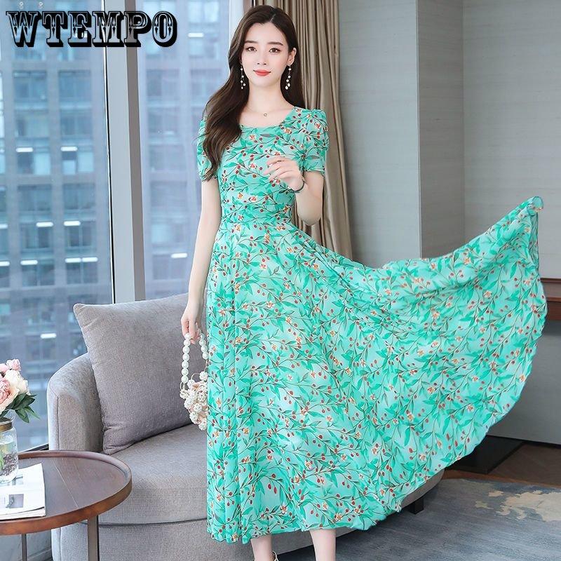 WTEMPO Dámské letní šaty velkých velikostí s kulatým výstřihem, s prázdninovým potiskem, plážové šaty, šaty s temperamentem v pase, temperamentní volné květinové šaty