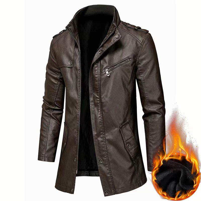 Men's Trendy Long-Style Windproof Leather Jacket with Stand Collar