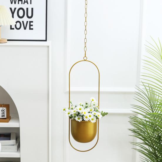 Modern Hanging Planter Geometric Iron Flowerpot with Hanging Chain Wall Ceiling Planter Hanger Houseplant Holder Pot for Indoor Outdoor Decoration