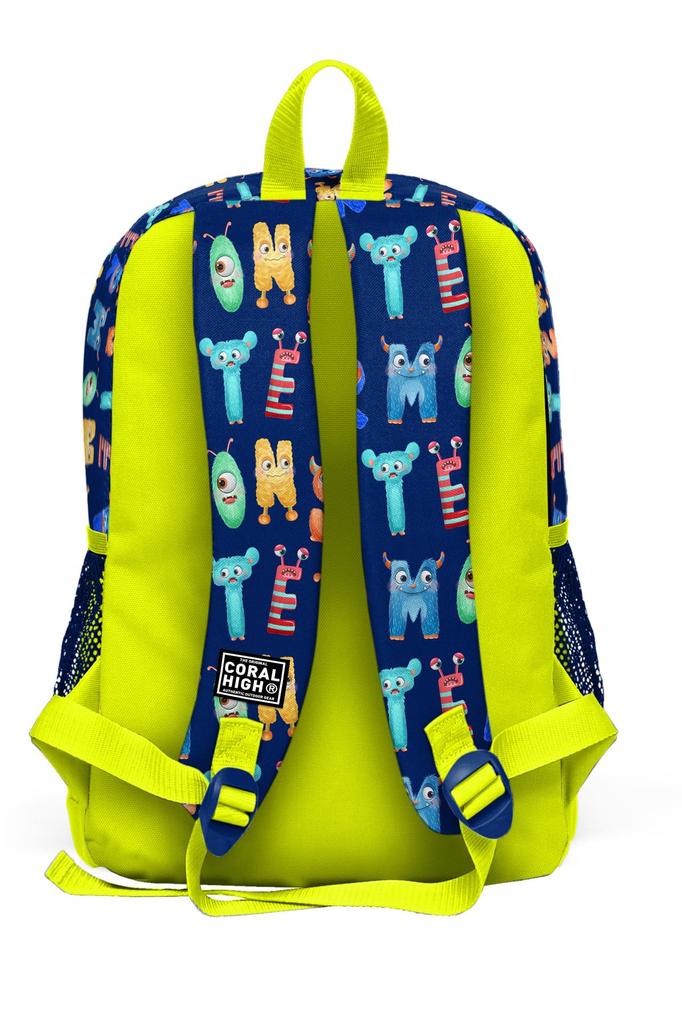 Ghiozdan Școlar cu Patru Compartimente Coral High Kids Albastru Marin Neon Galben cu Model Monstru 23726