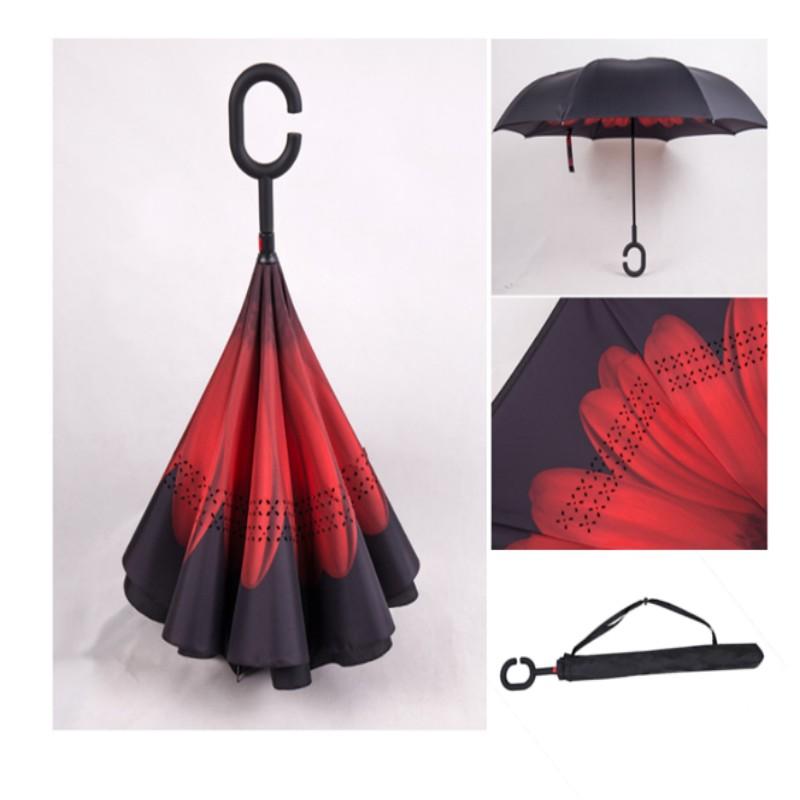 Portable Umbrella C-Handle Double Layer Umbrella Long Shank Windproof Folding Inverted Upside Down Reverse For Cars Rain Gear