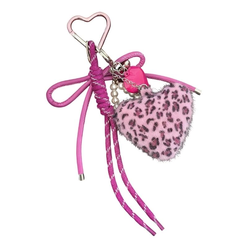 Stylish Leopard Print Plush Keychain Adorned With Artificial Leather Heart Bag Charm for Women Fashion Accessories