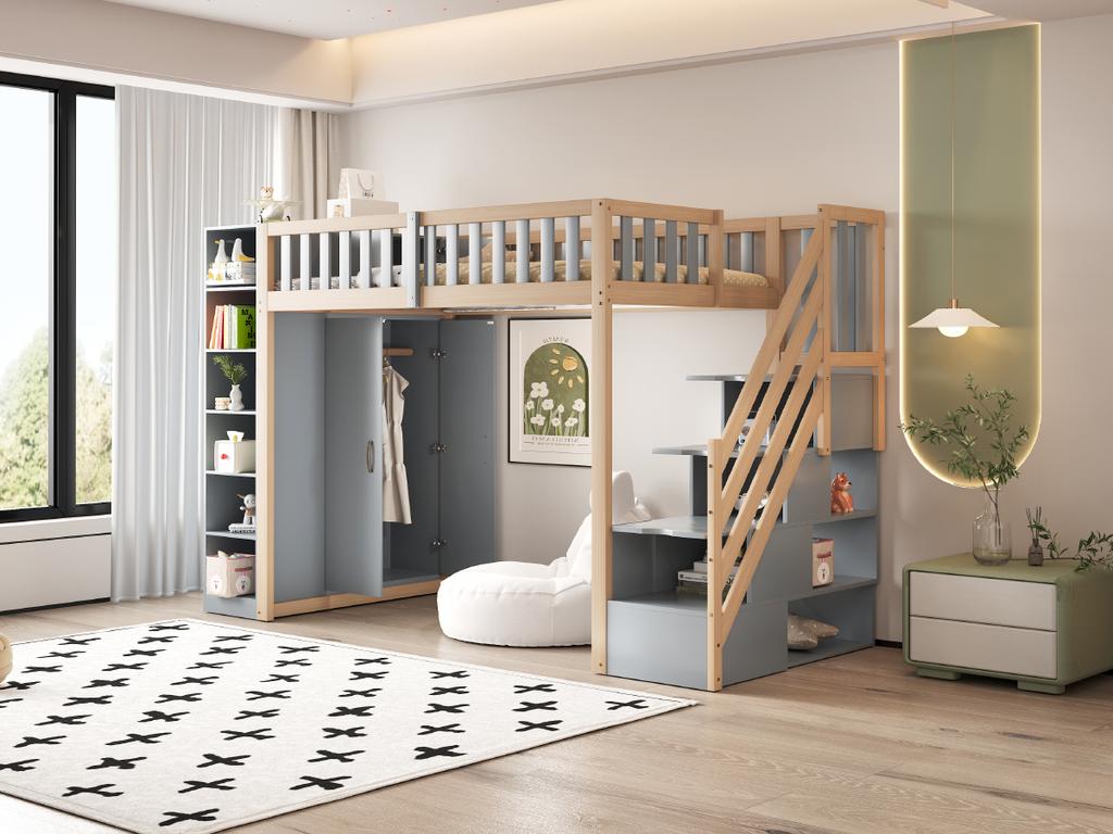 Letto a soppalco multifunzionale 90x200cm con mensole, armadio contenitore e grande armadio, scaletta di sicurezza con vani portaoggetti, colore grigio + legno naturale