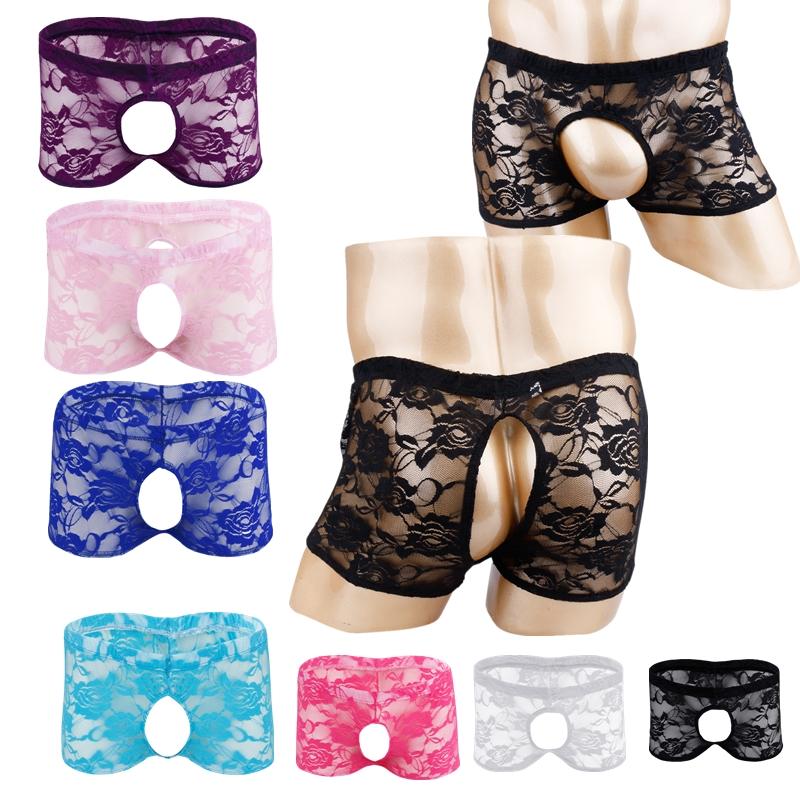 Men Sheer Lace Boxer Shorts Open Front Back See Through Pants Underwear