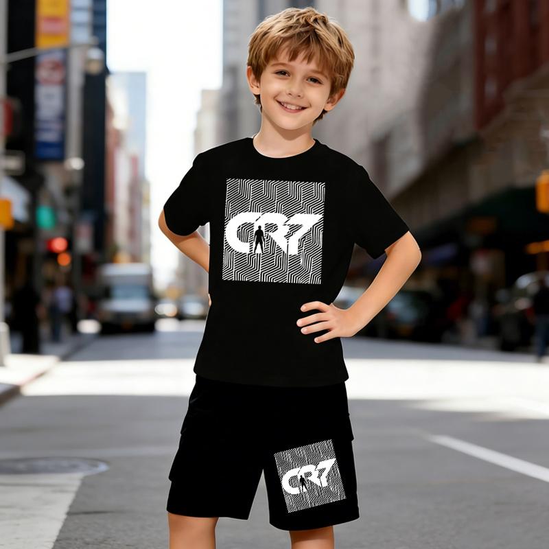 

Boys 2 Piece Sports Trend Print Outfit, Short Sleeve T-Shirt and Shorts Set for Kids Age 5-14,Black and White Sporty Casual Summer Clothes 5-6 Years чёрный