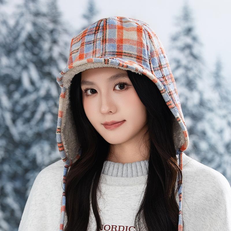 Autumn and Winter Retro Color Combination Plus Velvet Lei Feng Hat Japanese Windproof Warm Hat Women Outdoor Riding Casual Ear Protection Hat