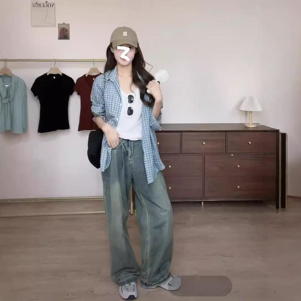 Star Zhang Ruonan Sunscreen Shirt Women's Spring Temperament Lazy Large Size Blue Plaid Shirt Long Sleeves