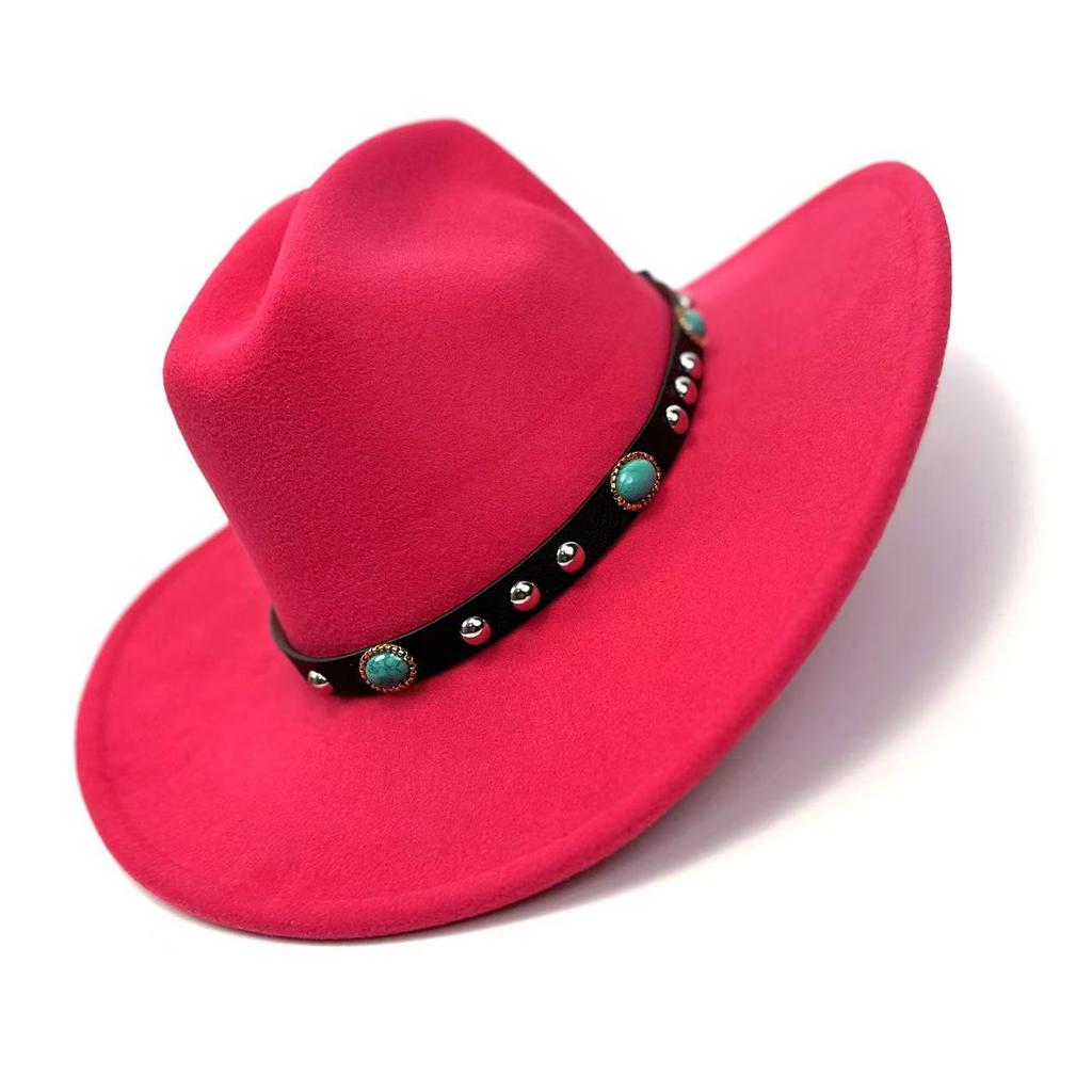 New Western Cowboy Hat, Black Woolen Jazz Top Hat, Four Seasons Men'S And Women'S Turquoise Crimped Felt Hat