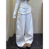 Fashion High Waist Lace Trim Denim Pants Women American Plus Size Wide Leg Lazy Style White Jeans