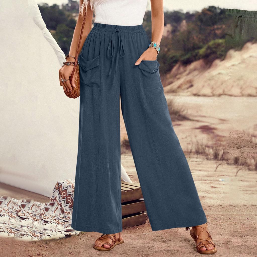 Women's Loose-Fit Casual Wide-Leg Pants With Pockets, Drawstring Waist, And Elastic Waistband