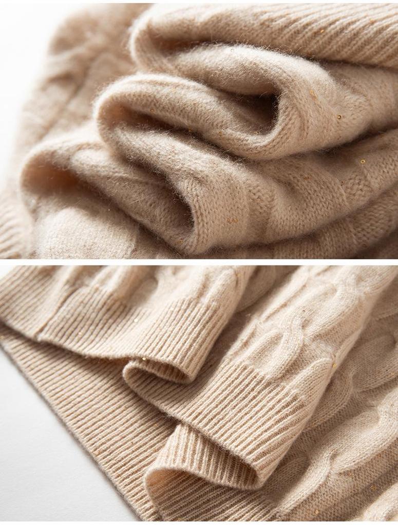 Women's V-Neck Loose Cable Knit Wool Sweater - Winter 2024 Casual Pullover Knitwear