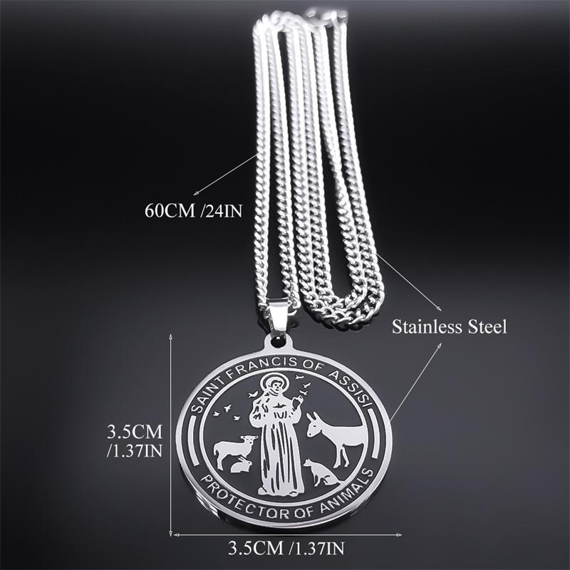 Colliers Médailles Saint François d'Assise pour Femmes Hommes Acier Inoxydable Couleur Argent Protecteur des Animaux Collier Bijoux N7569