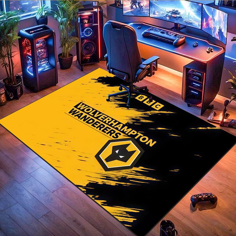 Wolverhampton Wanderers FC Ink Brush WFC Wolf Crest Print Area Rug Premier League Football Floor Carpet Sports Fan Living Room Bedroom Home Decor Mat