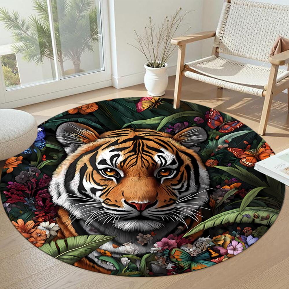 Tiger Round Office Rug Design for Dining Room Playrooms Kitchen Entryway Anti-slip Round Rug Decorate Offices Birthday Christmas Gift