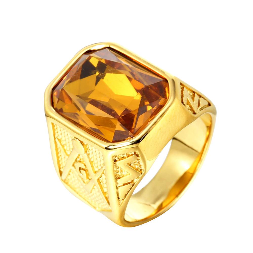 Trendy Gold Plated Titanium Ring with Colorful Gems Punk Style Stainless Steel Jewelry