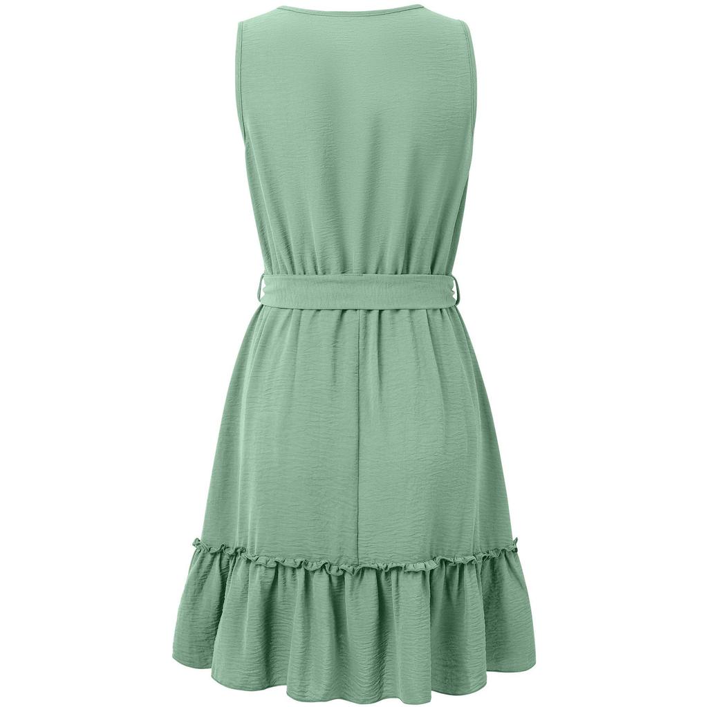 Women Spring Solid Color Lace V-Neck Sleeveless Dress Summer Casual A-Line High Waist Above Knee Belt Short Dresses S-XL