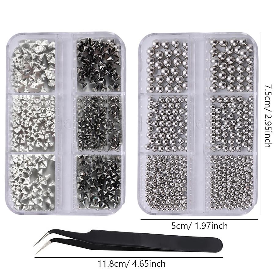 3D Punk Silvery Black Pyramid Stud Nail Jewelry Set, Metal Cone Spikes Beads Rivets, Halloween Gothic Nail Decorations