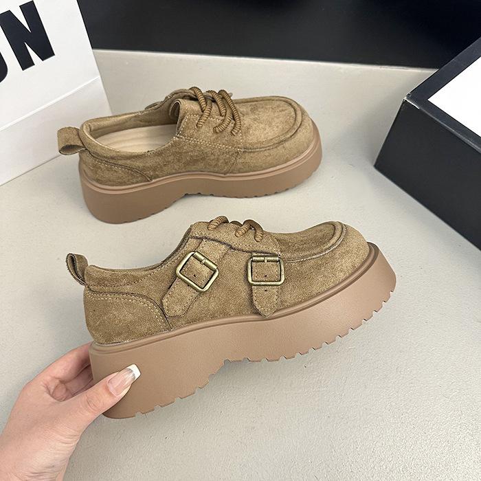 

Маленькие кожаные туфли на толстой подошве с увеличением роста, женские 2025, новые осенне-зимние, универсальные туфли на шнуровке в британском стиле для юбки 39 хаки