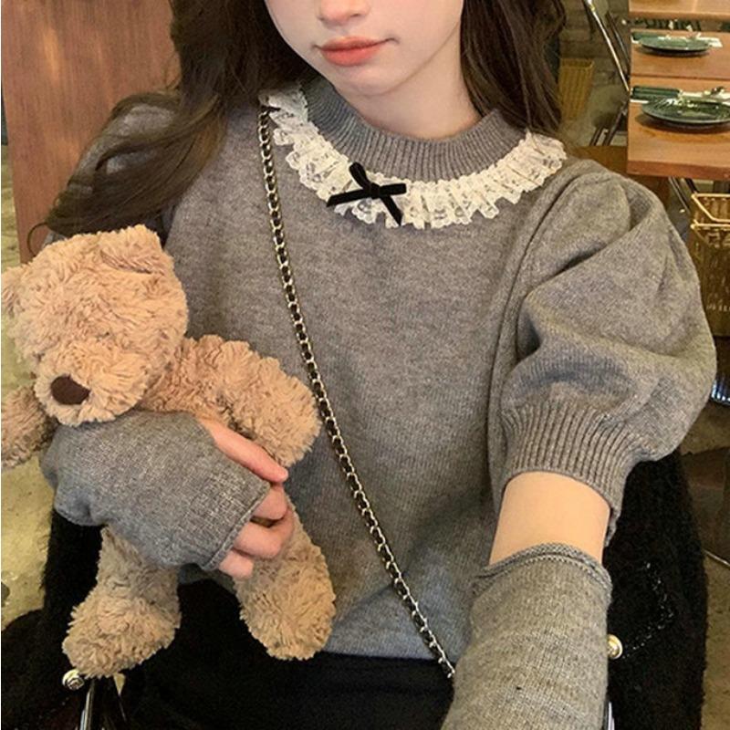 

French Puff Sleeve Lace Sleeve Sweater Women s Design Niche Sweet Round Neck Top Sweater Early Spring New Style One Size
