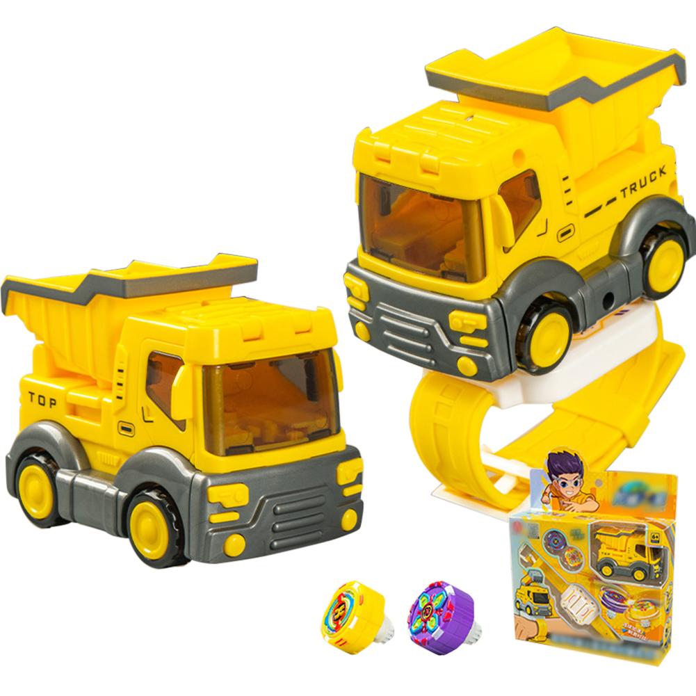 

Top Spinner With Detachable Toy Car Wearable Watch Design Spinning Tops With Construction Vehicles Launcher For Kids Gifts Watch Gyro, Dump Truck-Yellow