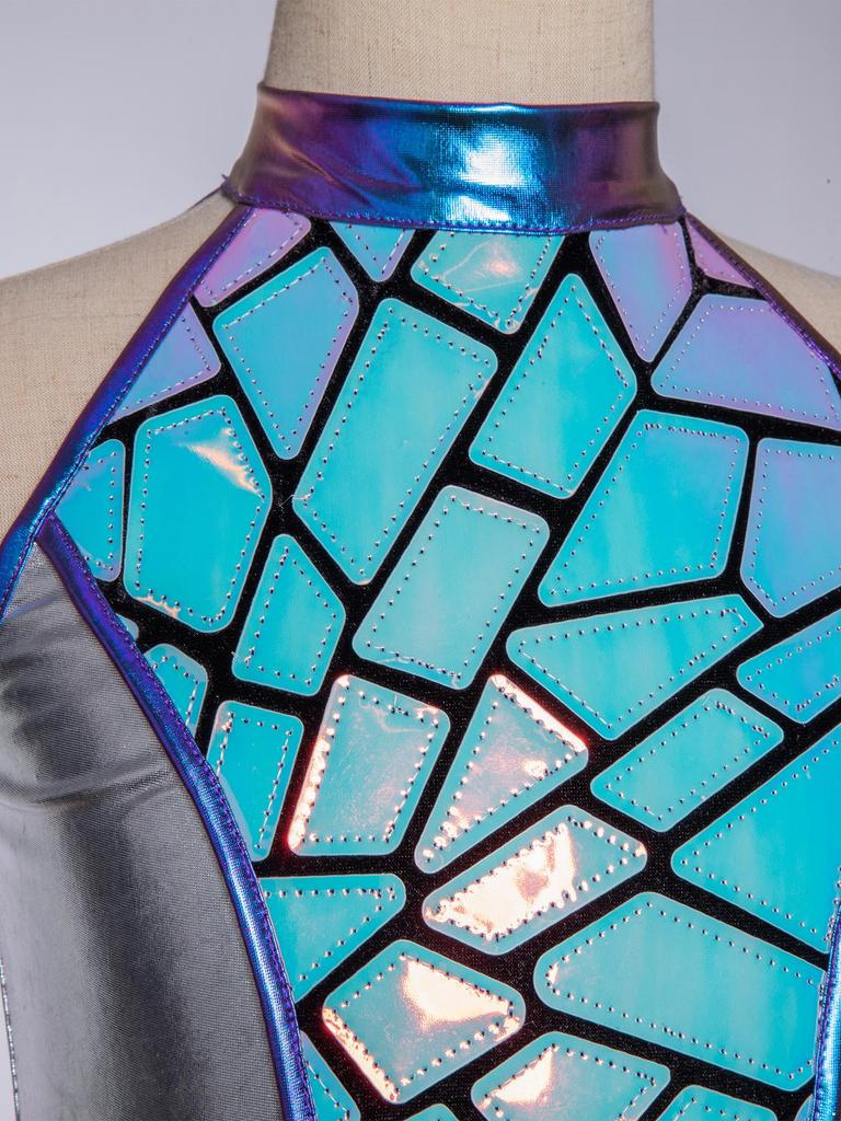 Girls Alien Costume Sequins Shiny Metallic Halter Sleeveless Built-In Crotch Press Buttons Briefs Mesh Tutu Dress