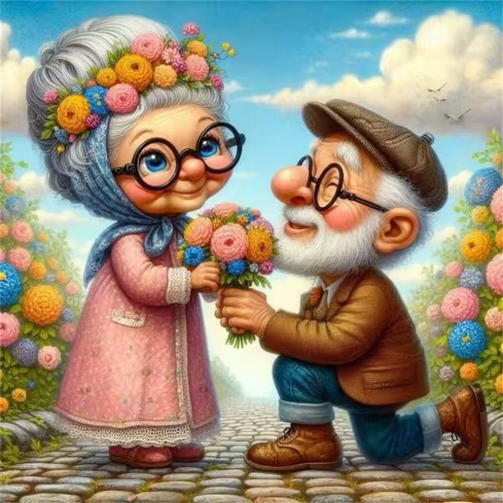 Cartoon Happy Old Couple 5D Full Round Diamond Painting Kits, Cute Grandma and Grandpa DIY Drills Mosaic Embroidery Cross-stitch