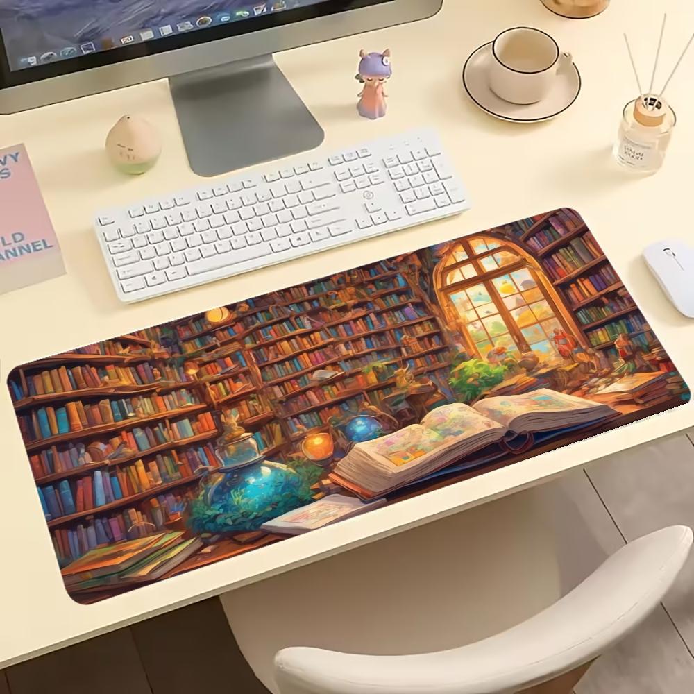 Magical Library Extended Gaming Mousepad Non Slip Desk Mat Vintage Fantasy Art Keyboard Mousepad For Laptop Desktop Office Decor