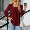 Women's Fashion Square Neck Color Pleated Long Sleeve Tuxedo Shirt Top