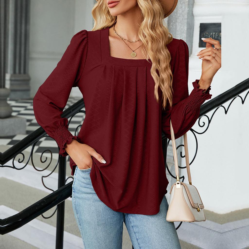 Women's Fashion Square Neck Color Pleated Long Sleeve Tuxedo Shirt Top