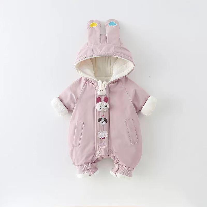 Baby Girl Velvet Jumpsuit - Warm, Cute Cartoon Hooded Windbreaker Onesie