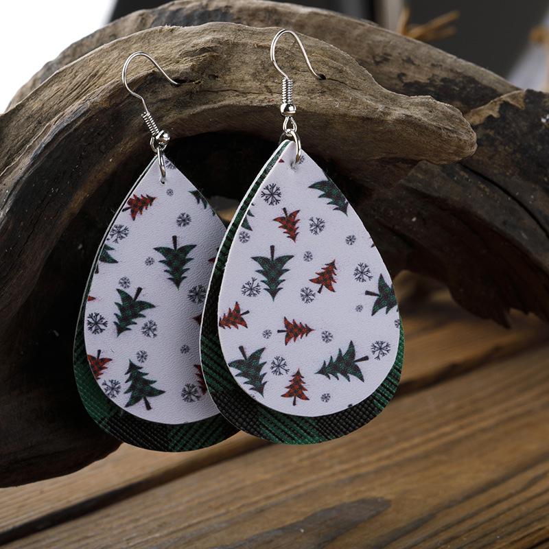 Red and Black Plaid Teardrop Christmas Tree PU Leather Earrings