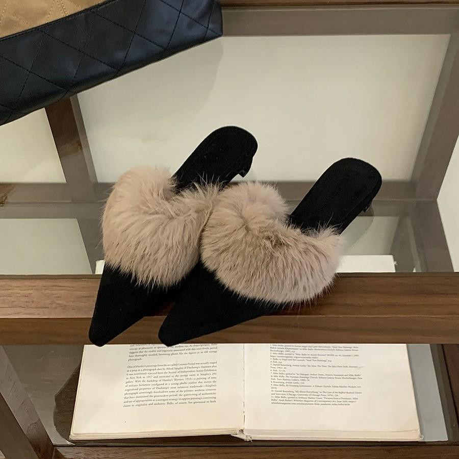 White Fluffy High Heels Pointed Slippers Women Wear Autumn and Winter Plush Fluffy Shoes Temperament Thin Heel Bag Head Sandals Men