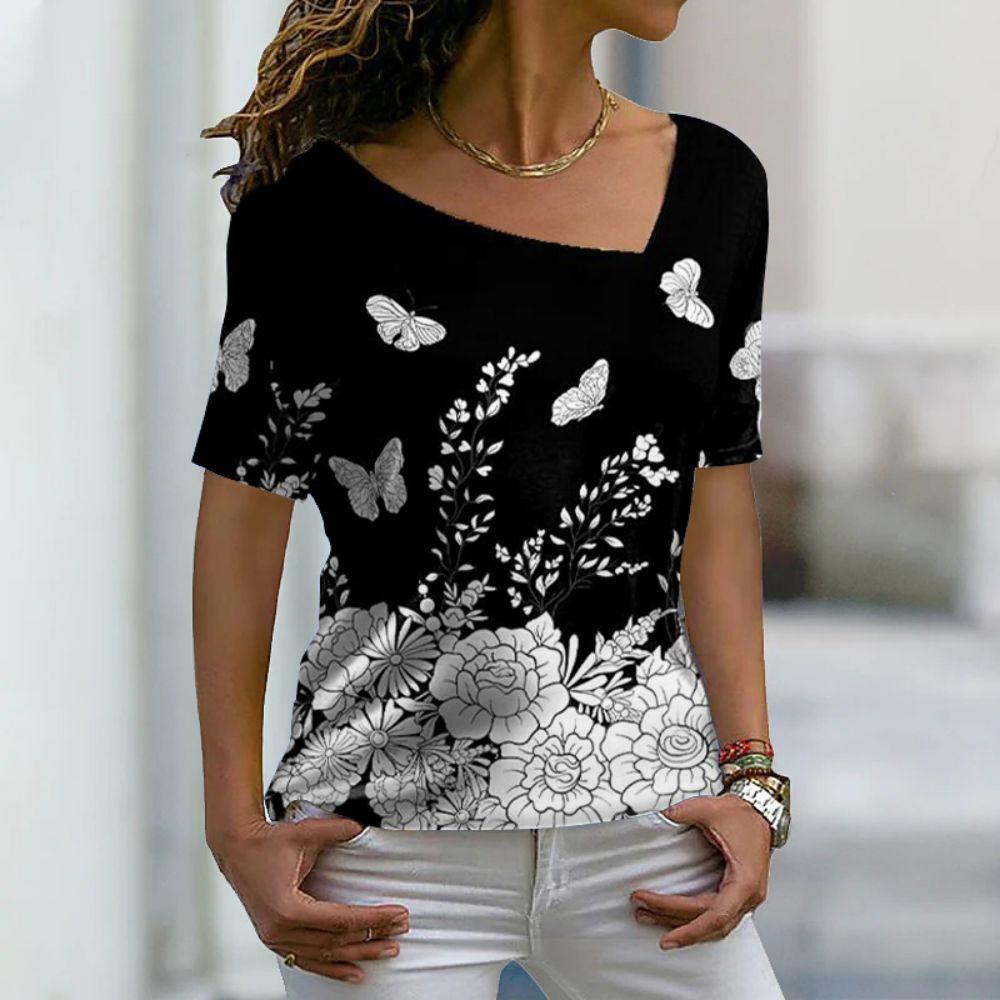 Flower Floral 3D T-shirt Summer Women Irregular V-neck T Shirts Streetwear Harajuku Short Sleeve Tees Sexy Oversized Y2k Tops