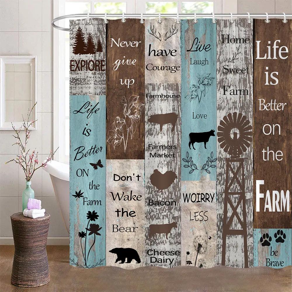 Bear Shower Curtains for Bathroom Wild Animals Rustic Cabin Forest Bear Print Wooden Board Cloth Bath Curtain Set Bathroom Decor