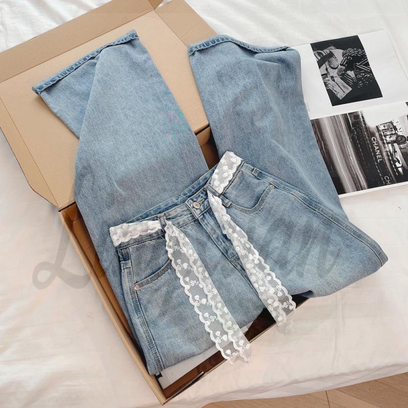 Korean Style High Waist Cuffed Denim Wide-Leg Pants with Lace Belt L