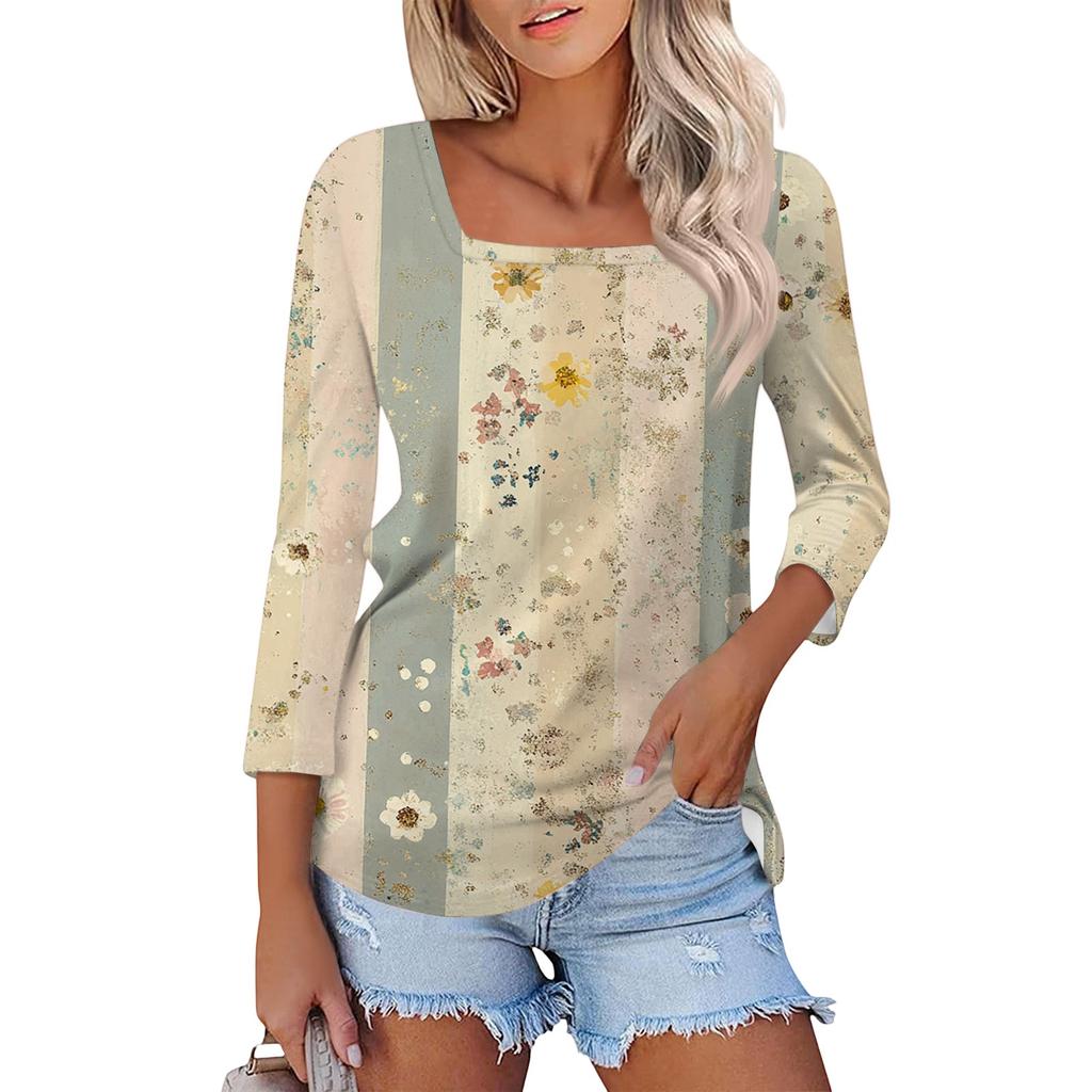 Dámské tričko s potiskem a 3/4 rukávy pro každodenní nošení i na víkend, módní základní top se čtvercovým výstřihem, běžný střih