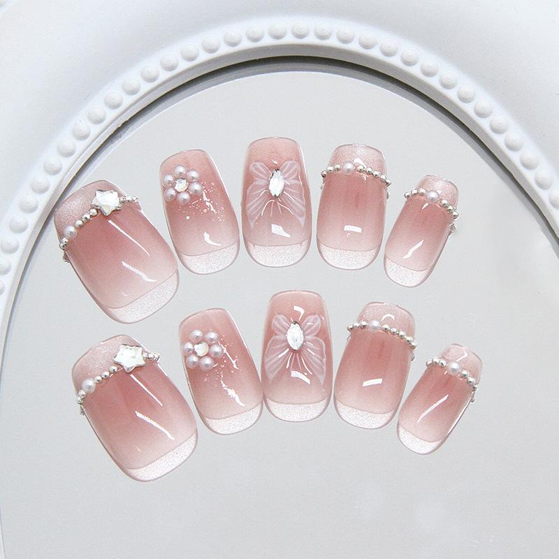 Three-dimensional atmosphere manicure, icy butterfly bursting cat's eye, French pearl chain star manicure, 30 pieces