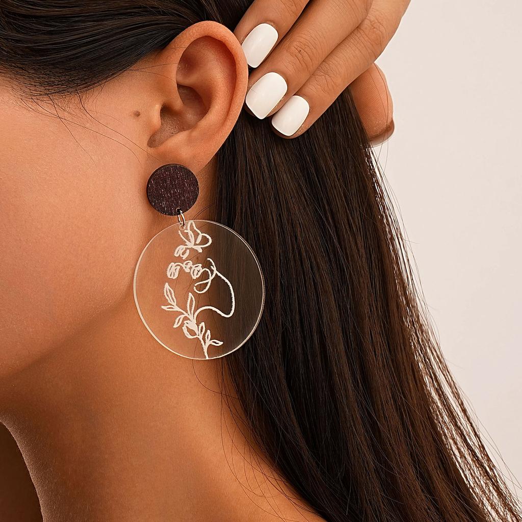 Environmentally Friendly Stud Earrings, Fresh Mori Floral Pattern Transparent Acrylic Geometric Earrings