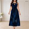 Women s Plus Size Round Neck Triple Keyhole Cutout Sleeveless Dark Blue Printed Maxi Dress
