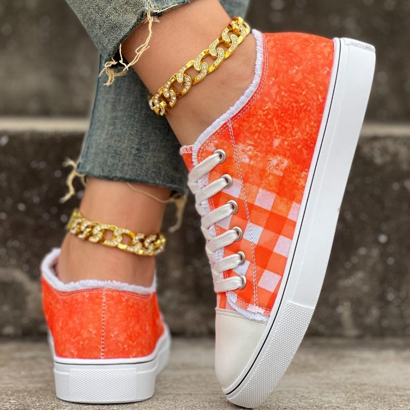 Ev Hot Deal Orange Plaid Print Lace Casual Shoes