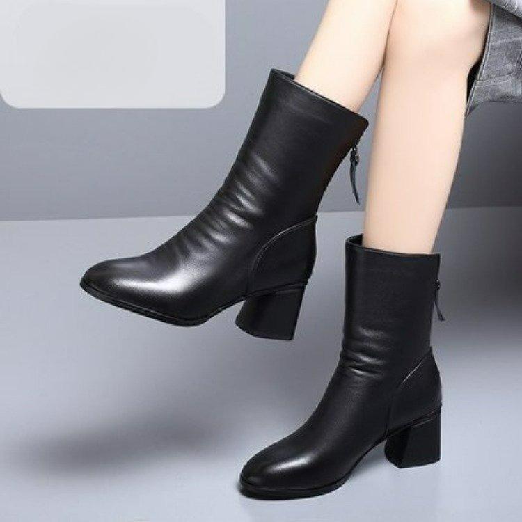 Autumn and Winter Women's Leather Boots Thick-heeled Back Zipper Mid-tube Boots Black Plus Velvet British Style High-heeled Boots
