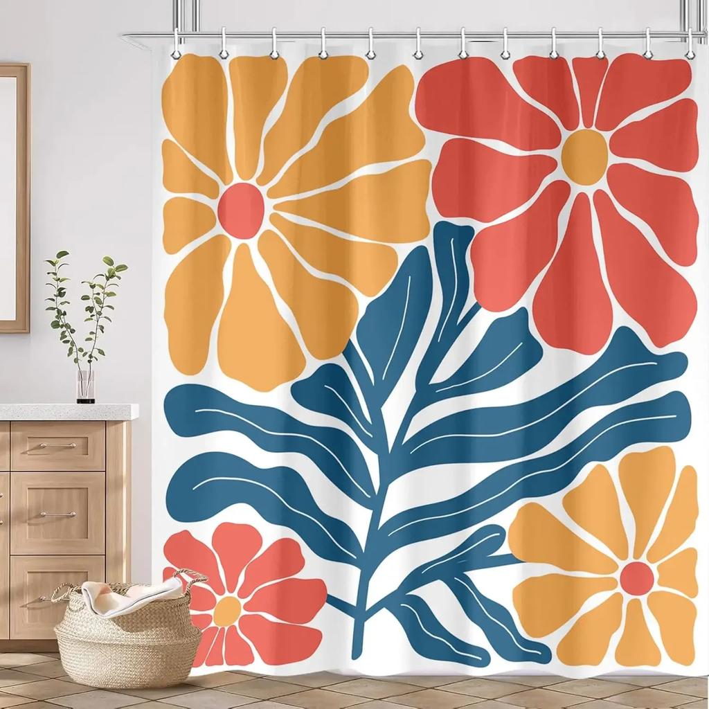 Vintage Flower Abstract Shower Curtain Cute Color Flower Plant Simple Style Fabric Bathroom Decorative Shower Curtain
