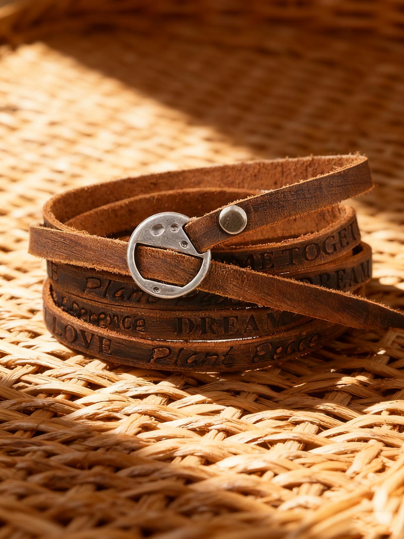 

New Bracelet For Men Punk Style Multi Layer Leather With Letters Vintage Simple Design For Protection Good Luck & Energy Jewelry