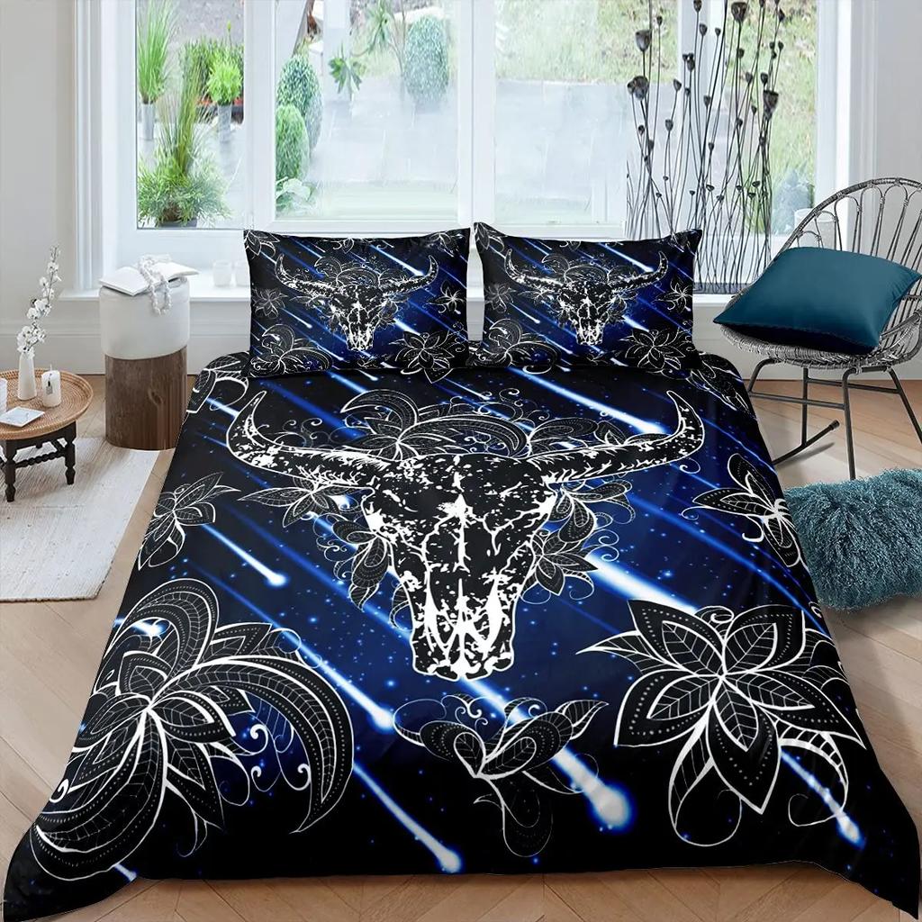 Cow Skull Duvet Cover Queen Sunflower Cattle/Bull Skeleton Bedding Set Botanical Floral Leaves Boho Tribal Polyester Quilt Cover