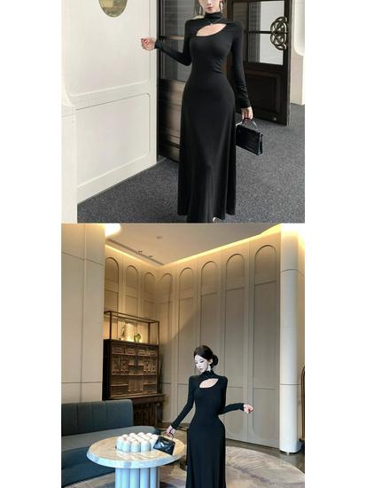 Elegant Black Plus Size Long Sleeve Hollow Dress with French Collar