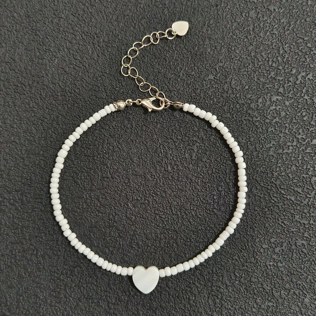 Bohemian White Rice Bead Anklet with Heart & Mother-of-Pearl Pendant