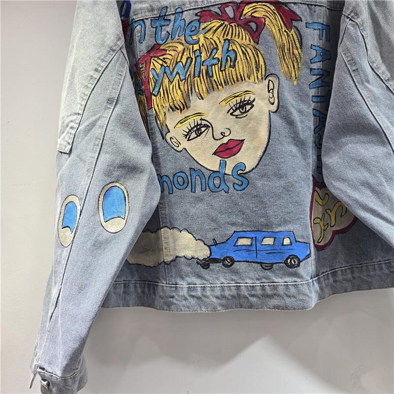 2025 Autumn Retro American Hand-Painted Graffiti Cartoon Women's Denim Jacket