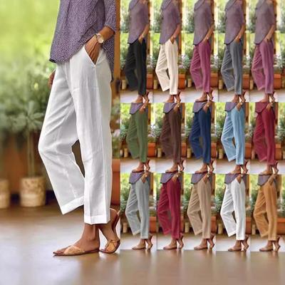 Damskie 2024 Bawełniano-lniane Elastyczne w Pasie Luźne Spodnie z Prostą Nogawką z Kieszeniami