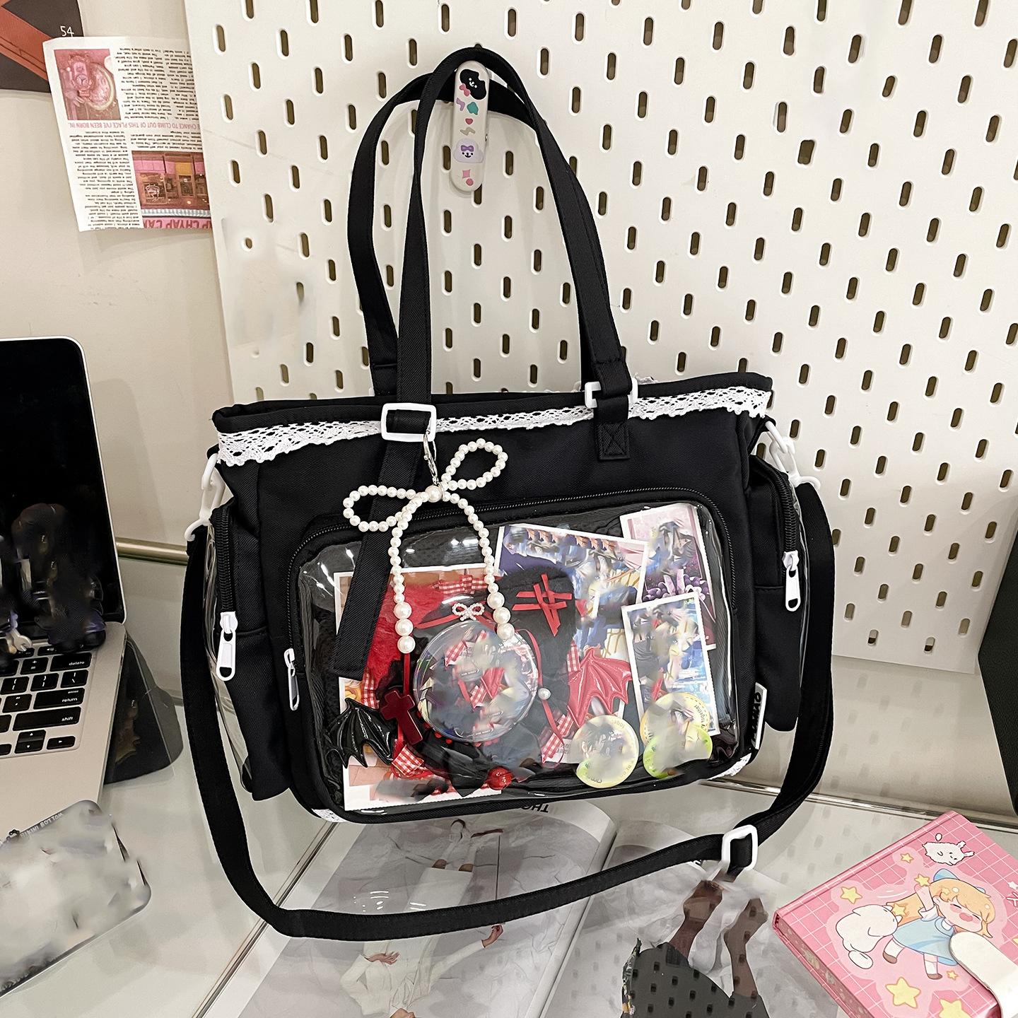 

Y2K Милая японская сумка Лолита Девушка Сумка-тоут через плечо Большой вместимости Повседневная сумка Сумки One Size чёрный