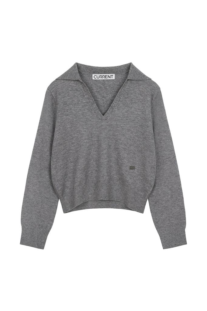 CURRENT Collared V-Neck Knit Long Sleeve [Charcoal]